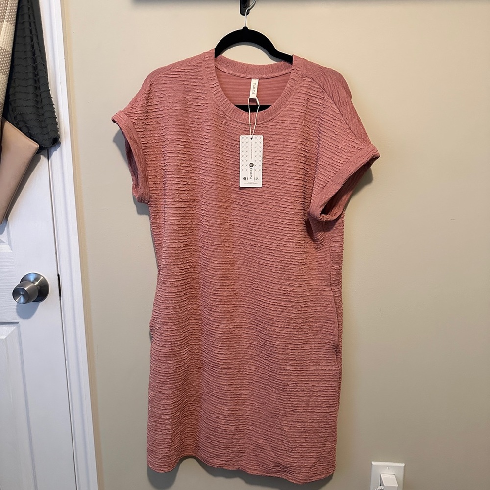 Pink Mini Dress with Cuffed Sleeves and Crew Neck
